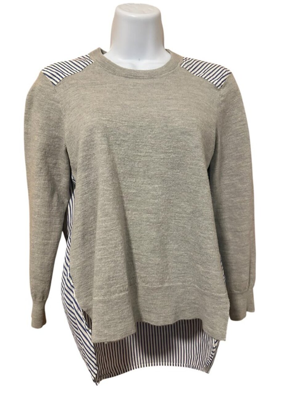 J. Crew Striped Wool/Cotton Mixed Media Crewneck Grey Sweater - Size Medium